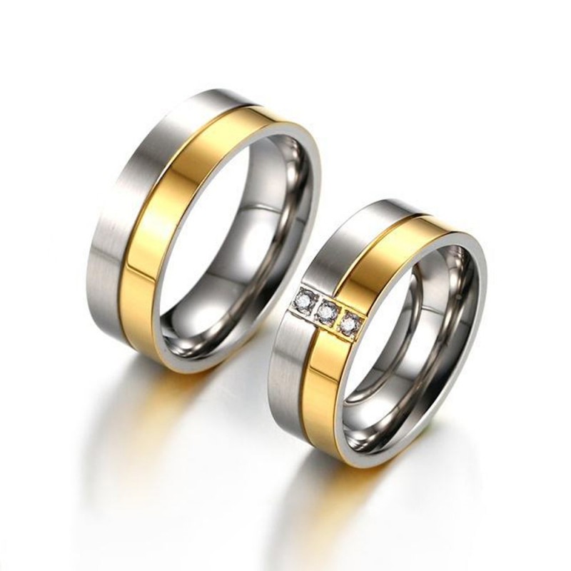 Titanium Silvery and Golden Ring For Couples Inlaid Cubic Zirconia ...