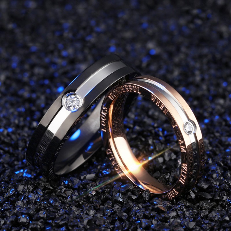 Titanium Black and Rose Gold Ring For Couples Inlaid Cubic Zirconia ...