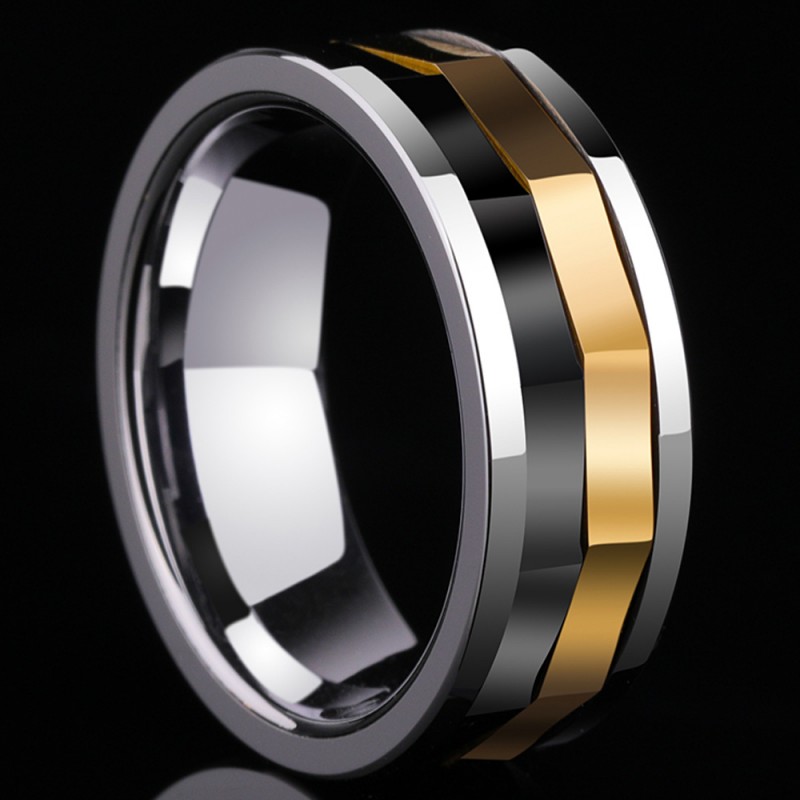Tungsten Men's Ring Wheel of Time Rotatable Black Silver and Gold