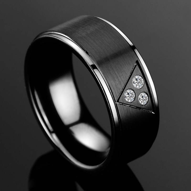 Tungsten Men's Black Ring Triangle Pattern Design Inlaid Cubic Zirconia ...