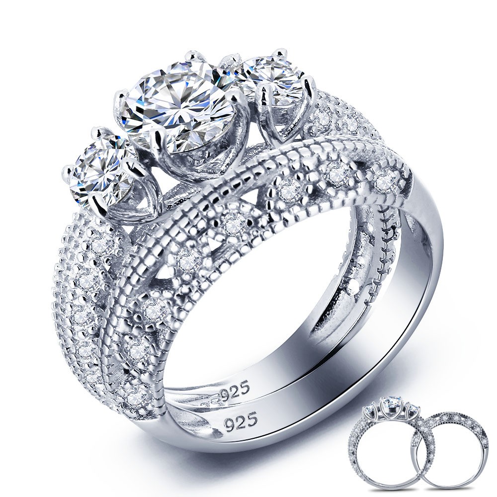 Chic S925 Sterling Silver Round Cubic Zirconia Engagement Ring Set ...