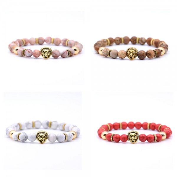 Natural Beads With Gold Lion Bracelet