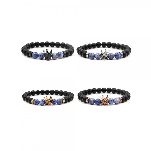 Zircon Inlaid Frosted Stone Crown-Shaped Elastic Bracelet