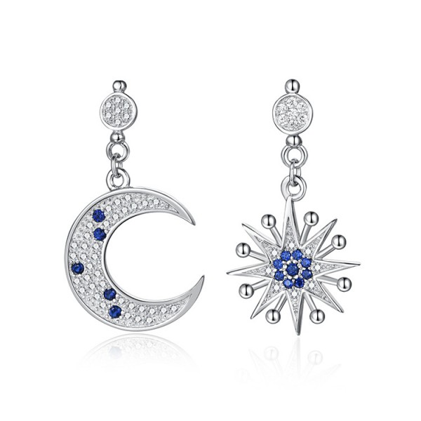 S925 Sterling Silver Star And Moon Asymmetric Earrings