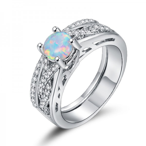 European Vintage Four-Claw Opal Engagement Ring Set