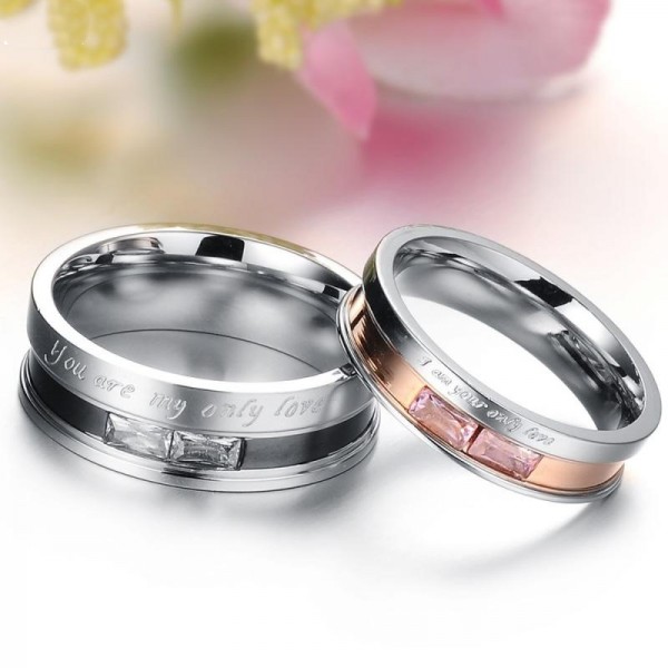 Titanium Silvery Ring For Couples Plating Black and Rose Gold Inlaid Cubic Zirconia Only Love Engraved Simple and Fashion