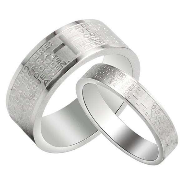 Titanium Silvery and Black Ring For Couples Spanish Prayer Engraved Faith With Cross Pattern