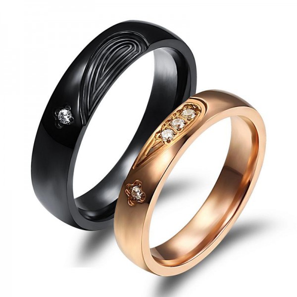 Titanium Black and Rose Gold Ring For Couples Heart Pattern Fingerprints Design Inlaid Cubic Zirconia Simple and Fashion