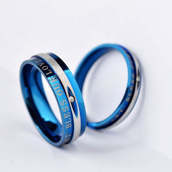 LET BLESS OUR LOVE Blue Titanium Steel Cubic Zirconia Couple Rings