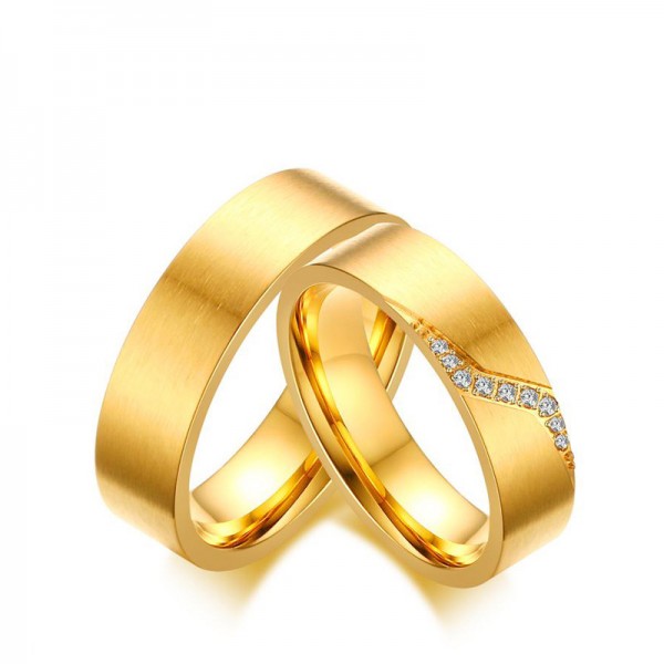 Titanium Golden Ring For Couples Inlaid Cubic Zirconia Luxury and Unique Brushed Craft