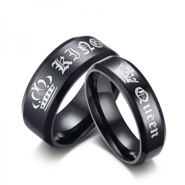 Titanium Black Ring For Couples Fashion and Cool Style King and Queen Engraved Brushed Craft