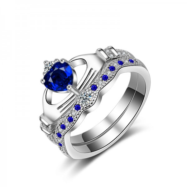 Popular Silver Plated Love Heart Blue Cubic Zirconia Ring