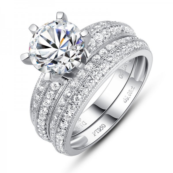 Simple Round Sona Diamond S925 Sterling Silver Wedding Ring Set