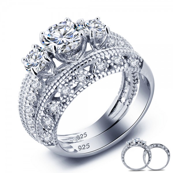 Chic S925 Sterling Silver Round Cubic Zirconia Engagement Ring Set