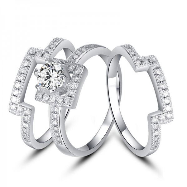Superb S925 Sterling Silver Round White Sapphire Cubic Zirconia  Wedding Ring Set