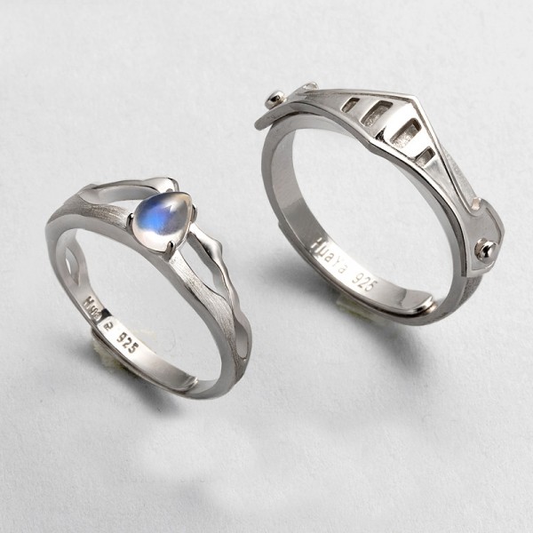Original Design Natural Moonstone Princess and Knight Lovers Ring