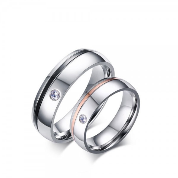 Titanium Ring For Couples Inlaid Cubic Zirconia Black and Rose Gold-plating 