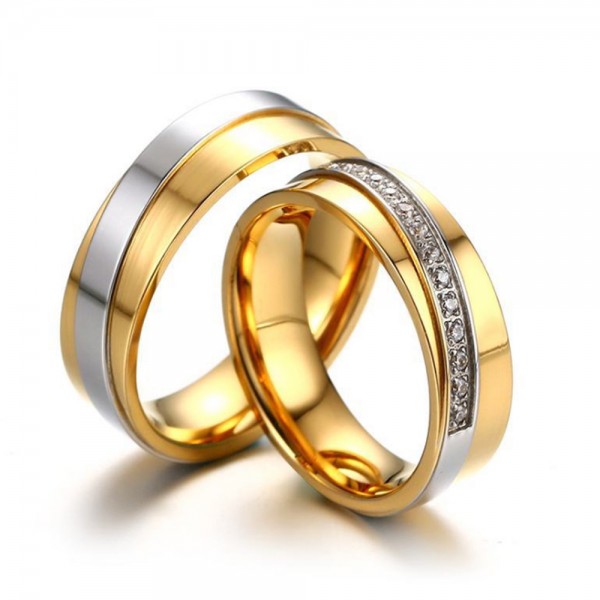 Titanium Golden Ring For Couples Inlaid Cubic Zirconia Vogue and Unique Design