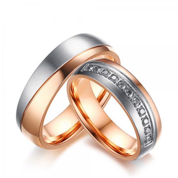 Titanium Rose Gold Ring For Couples Inlaid Cubic Zirconia Unique and Fashion Inner Arc Design