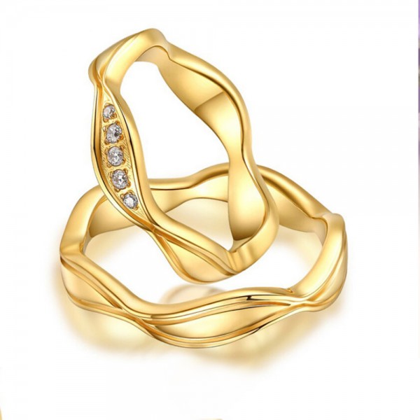 Titanium Golden Ring For Couples Waving Design Inlaid Cubic Zirconia Unique and Exquisite 
