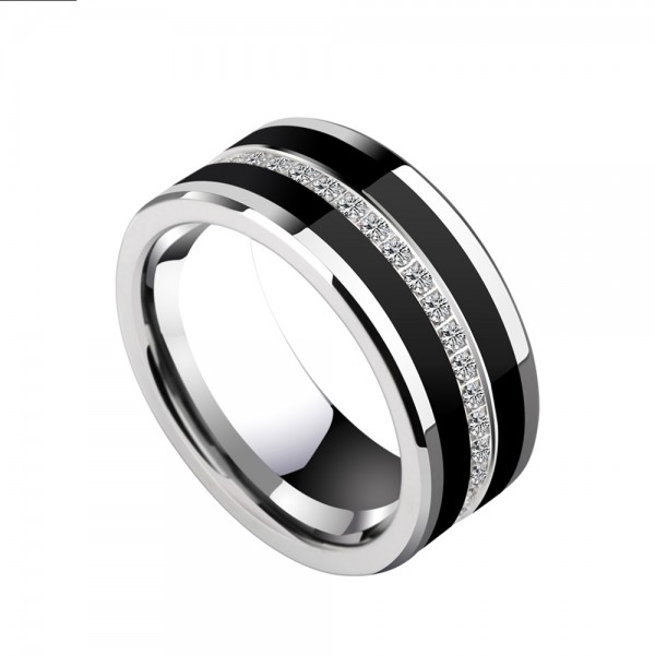 Luxury Tungsten Men's Ring Stars Design Black and Silvery Stripes Inlaid Cubic Zirconia