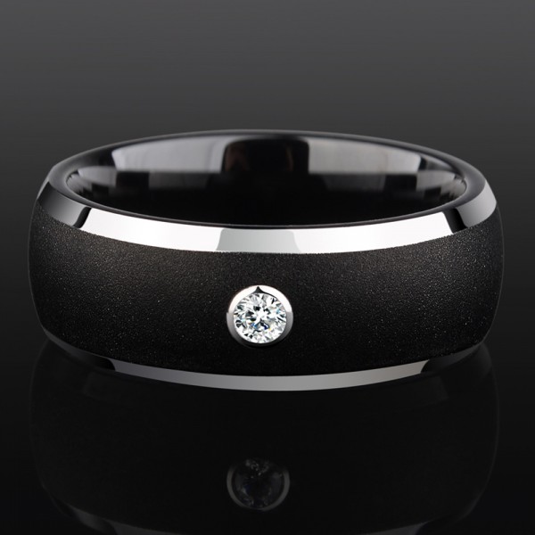 Tungsten Men's Black Ring Inlaid Cubic Zirconia Simple Vogue Style Dull Polish Craft
