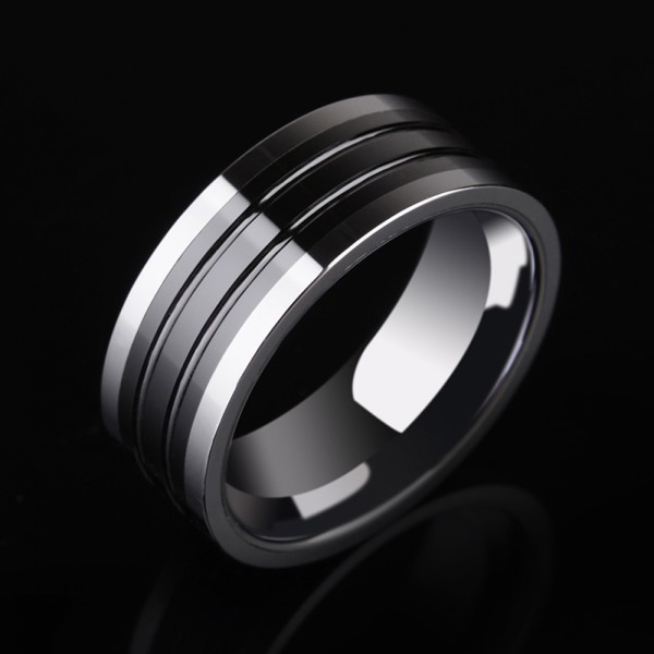 Men's Ring Ceramic and Tungsten Material Merge Strength and Tenderness Black and Silvery Semin-glossy Polish and Inlaid Craft 