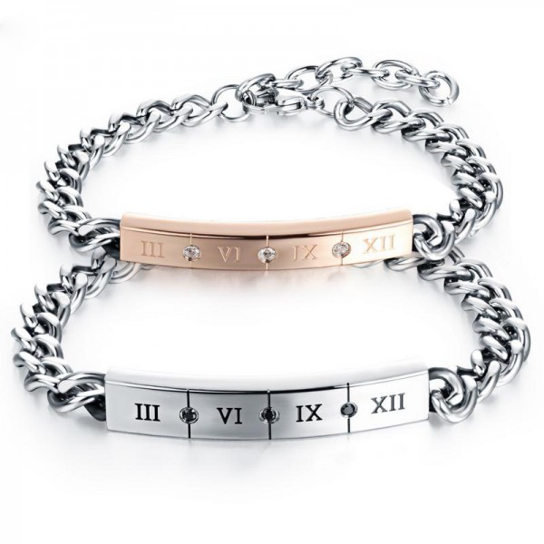 Roman Numerals Lovers Bracelets Black and White Cubic Zirconia Inlaid Titanium Steel Plated Rose Gold Simple Style Bracelet