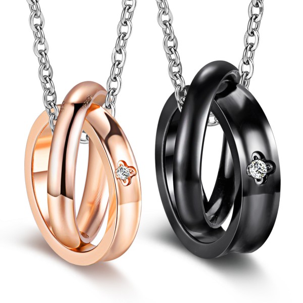 Black & Rose Golden 3A Zircon Titanium steel Couples Necklace Valentine'S Day Gift